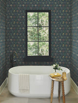 Hawthorne Navy Wallpaper with Botanical Floral Grid - York RI5129