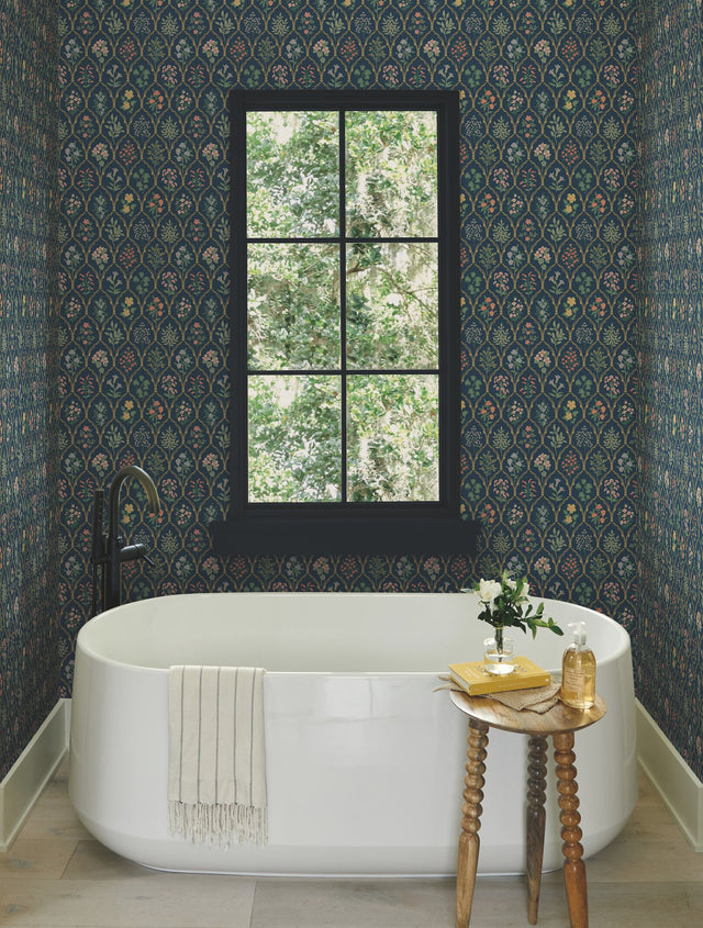 Hawthorne Navy Wallpaper with Botanical Floral Grid - York RI5129