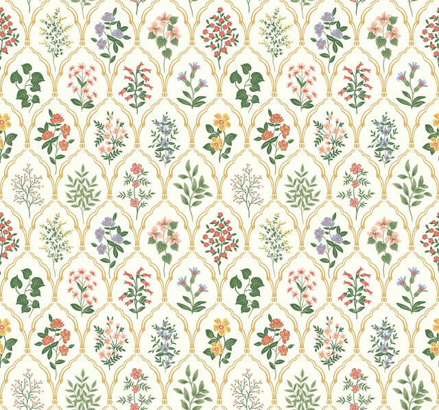 Hawthorne Cream Wallpaper with Botanical Floral Grid - York RI5130