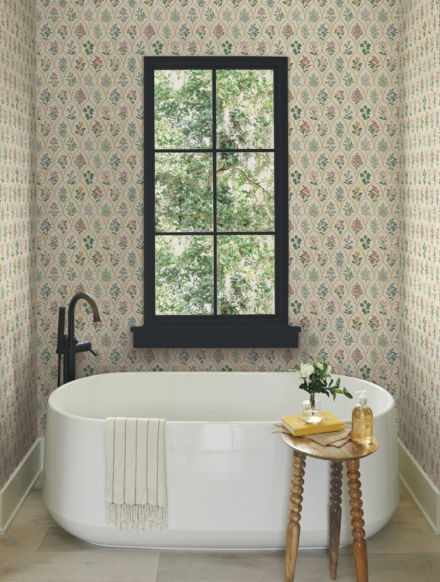 Hawthorne Cream Wallpaper with Botanical Floral Grid - York RI5130