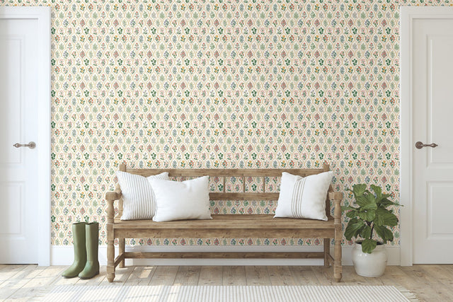 Hawthorne Cream Wallpaper with Botanical Floral Grid - York RI5130