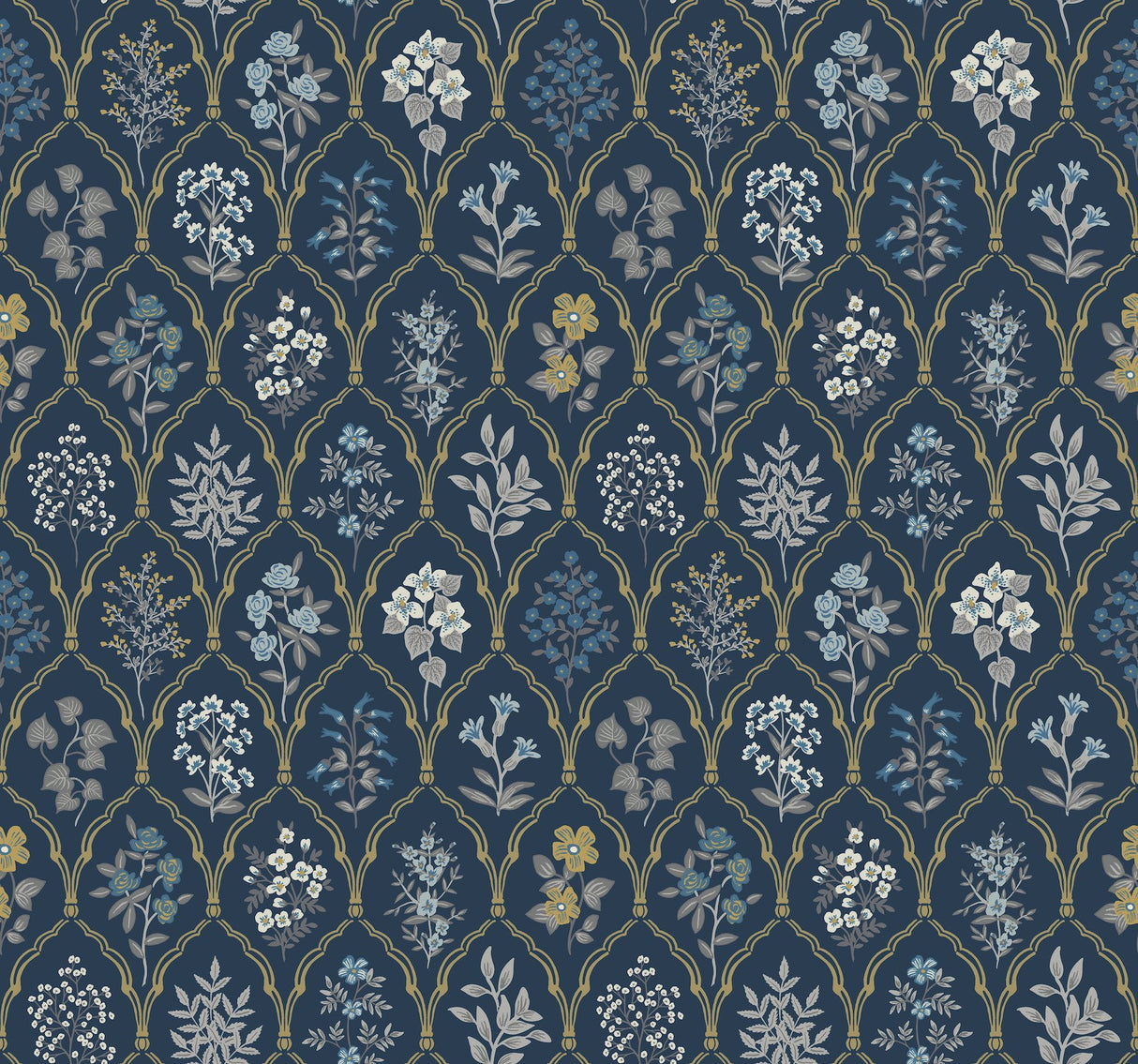 Hawthorne Navy & Gold Wallpaper with Botanical Floral Grid Pattern - York RI5131