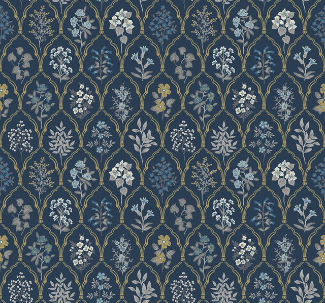 Hawthorne Navy & Gold Wallpaper with Botanical Floral Grid Pattern - York RI5131