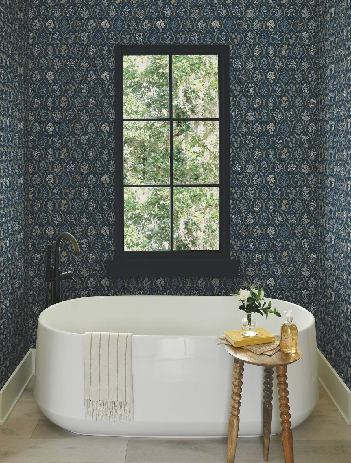 Hawthorne Navy & Gold Wallpaper with Botanical Floral Grid Pattern - York RI5131