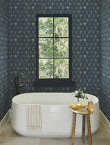 Hawthorne Navy & Gold Wallpaper with Botanical Floral Grid Pattern - York RI5131