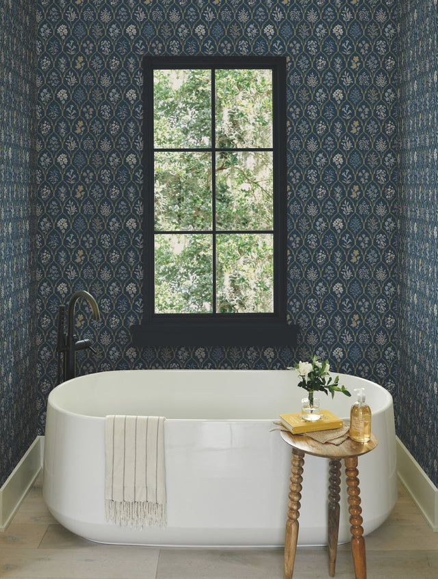Hawthorne Navy & Gold Wallpaper with Botanical Floral Grid Pattern - York RI5131