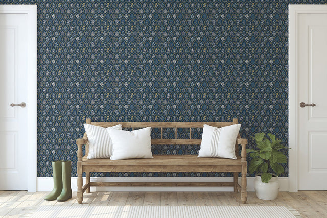 Hawthorne Navy & Gold Wallpaper with Botanical Floral Grid Pattern - York RI5131