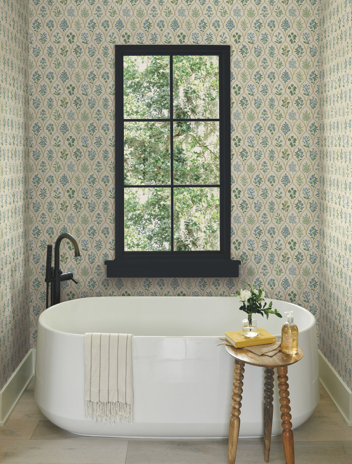 Hawthorne Blue & Green Wallpaper with Botanical Floral Lattice Motif - York RI5132