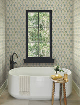 Hawthorne Blue & Green Wallpaper with Botanical Floral Lattice Motif - York RI5132
