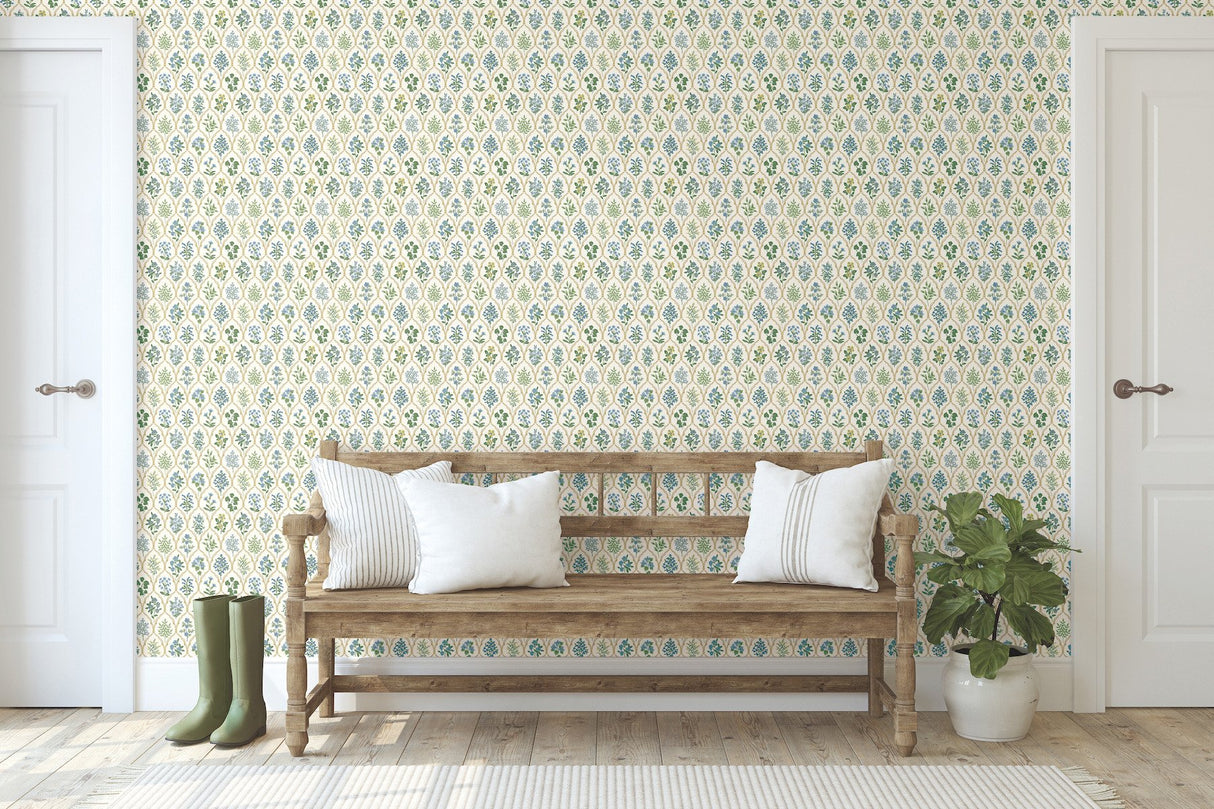 Hawthorne Blue & Green Wallpaper with Botanical Floral Lattice Motif - York RI5132