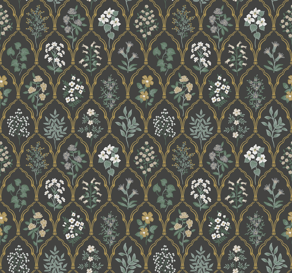 Hawthorne Black & Cream Wallpaper with Botanical Floral Grid - York RI5133