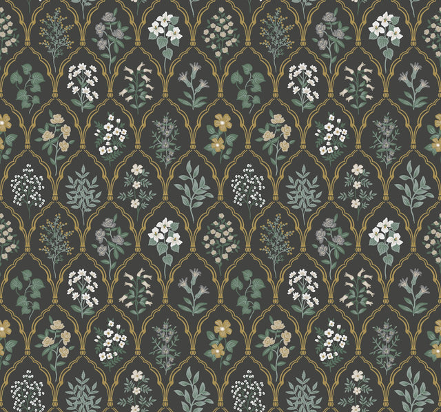 Hawthorne Black & Cream Wallpaper with Botanical Floral Grid - York RI5133