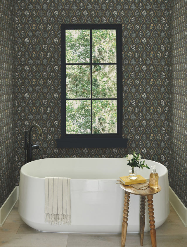 Hawthorne Black & Cream Wallpaper with Botanical Floral Grid - York RI5133