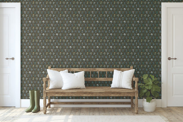 Hawthorne Black & Cream Wallpaper with Botanical Floral Grid - York RI5133