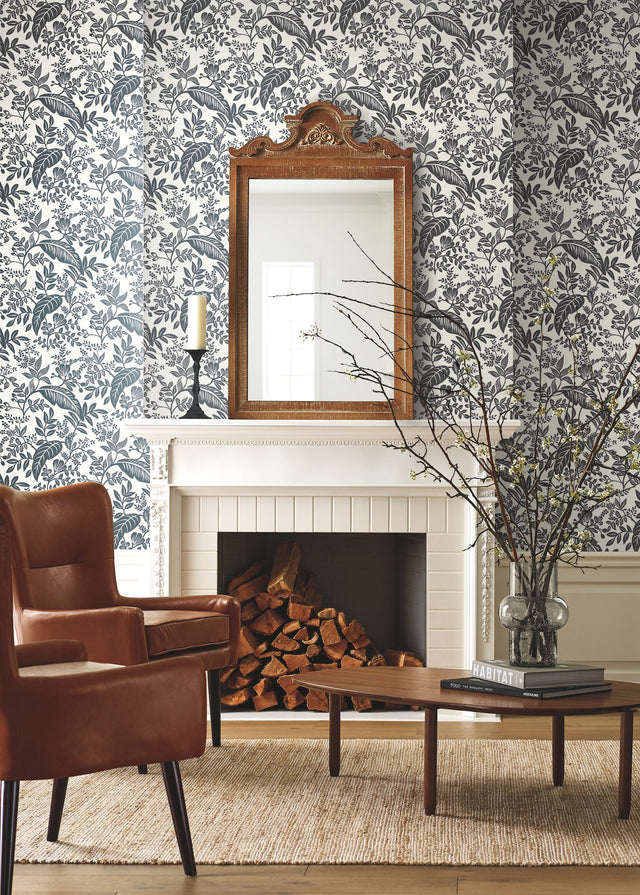 Canopy Black & White Wallpaper with Botanical Tropical Leaf Print - York RI5136