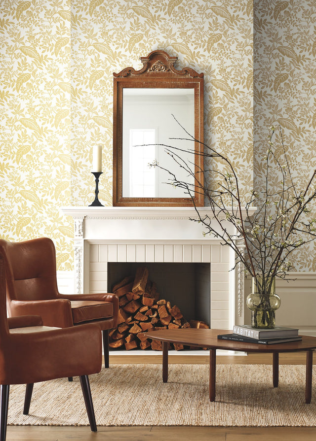 Canopy Gold & White Botanical Non Woven Wallpaper - York RI5138
