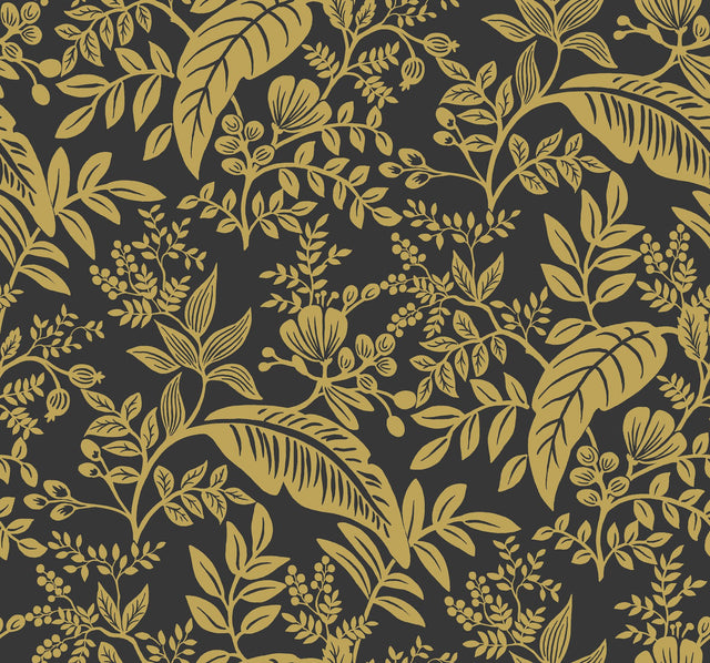 Canopy Gold & Black Wallpaper with Metallic Botanical Leaf Motif - York RI5139