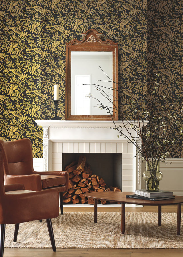 Canopy Gold & Black Wallpaper with Metallic Botanical Leaf Motif - York RI5139