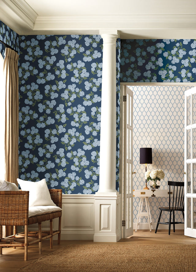 Hydrangea Navy Wallpaper with Botanical Hydrangea Floral - York RI5142