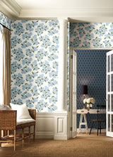 Hydrangea Blue & White Wallpaper with Botanical Hydrangea Floral Pattern, Non Woven, Drop Match - York RI5143