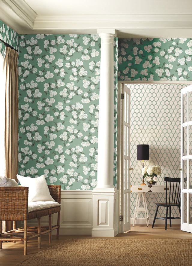Hydrangea Jade Botanical Non Woven Wallpaper with Overscale Floral Pattern - York RI5145