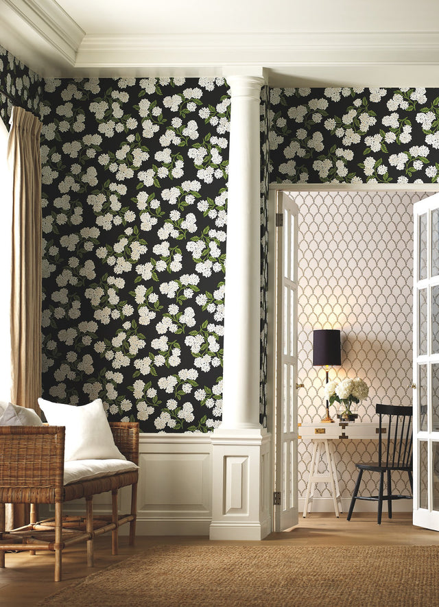 Hydrangea Black & White Wallpaper with Botanical Floral Pattern, Non Woven Drop Match - York RI5146