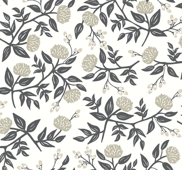 Peonies White & Black Wallpaper with Botanical Peonies Motif - York RI5150