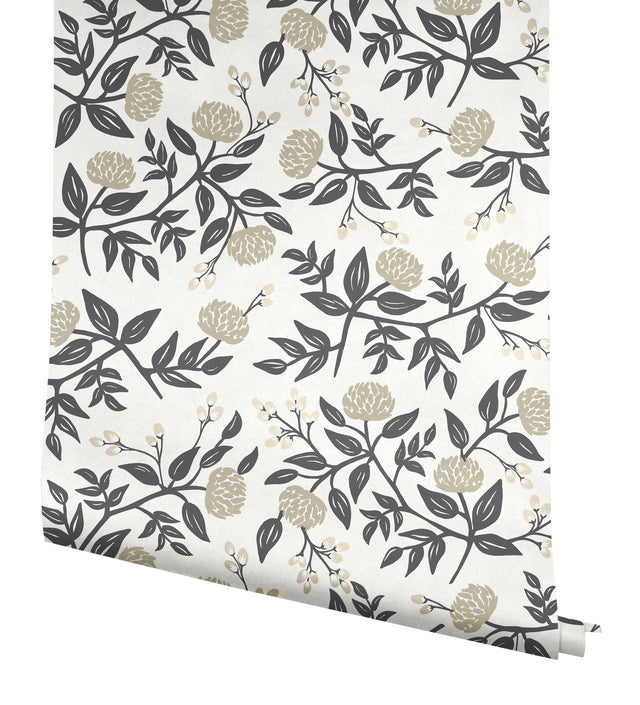 Peonies White & Black Wallpaper with Botanical Peonies Motif - York RI5150