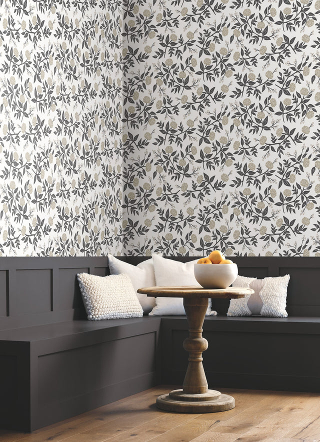 Peonies White & Black Wallpaper with Botanical Peonies Motif - York RI5150