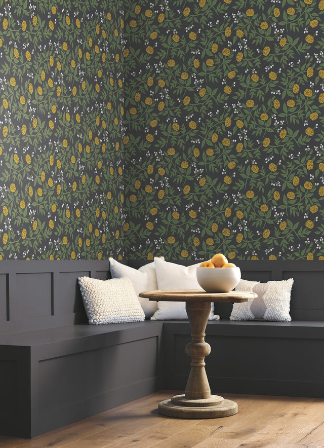 Peonies Black & Gold Wallpaper with Botanical Peonies Motif - York RI5151