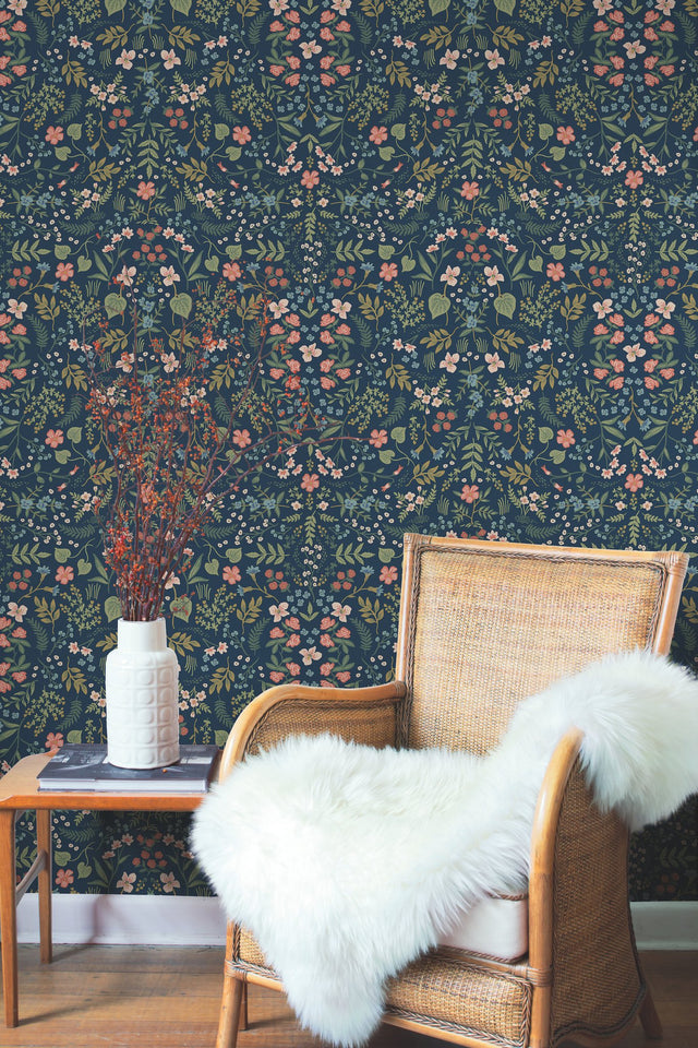 Wildwood Navy Floral Botanical Non Woven Wallpaper - York RI5154