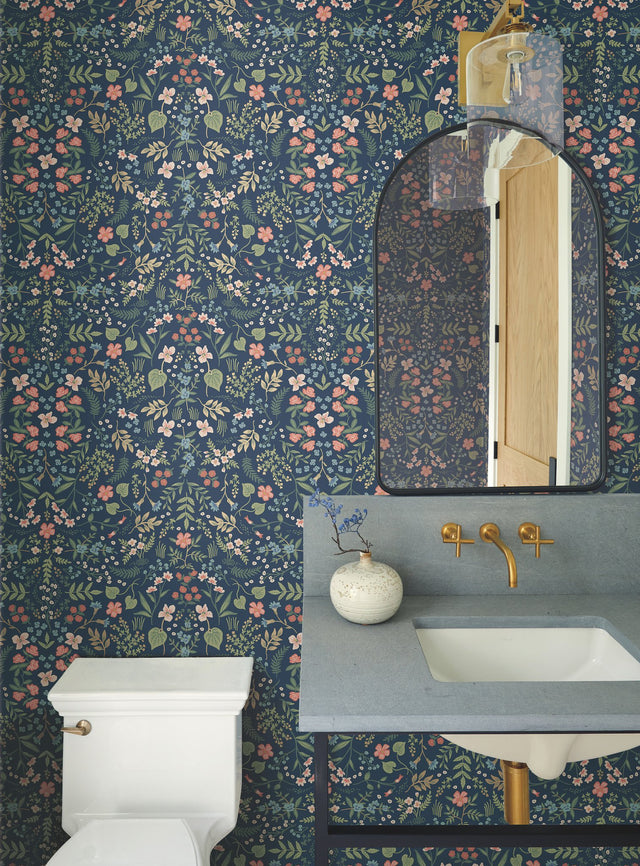 Wildwood Navy Floral Botanical Non Woven Wallpaper - York RI5154