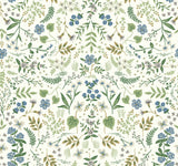 Wildwood Blue & Green Wallpaper with Botanical Floral Pattern, Non Woven Unpasted Straight Match - York RI5155