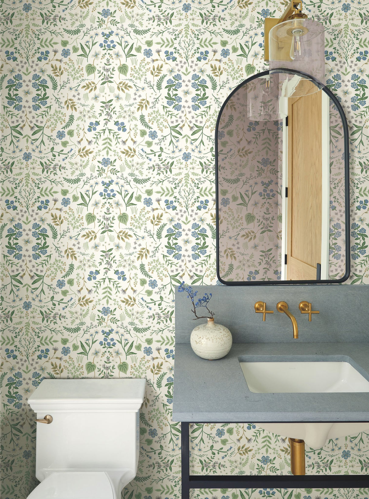 Wildwood Blue & Green Wallpaper with Botanical Floral Pattern, Non Woven Unpasted Straight Match - York RI5155
