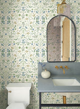 Wildwood Blue & Green Wallpaper with Botanical Floral Pattern, Non Woven Unpasted Straight Match - York RI5155