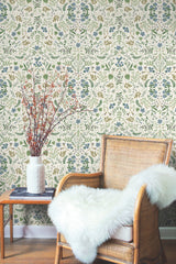 Wildwood Blue & Green Wallpaper with Botanical Floral Pattern, Non Woven Unpasted Straight Match - York RI5155