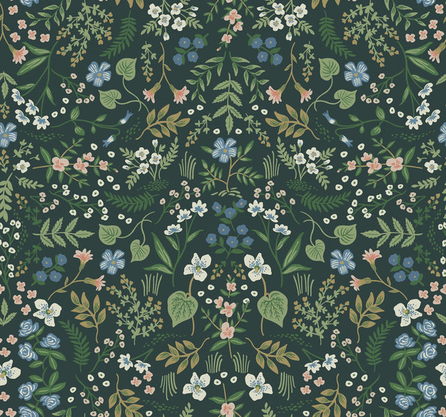 Wildwood Hunter Green Wallpaper with Botanical Floral Pattern, Matte Non-Woven Style - York RI5156