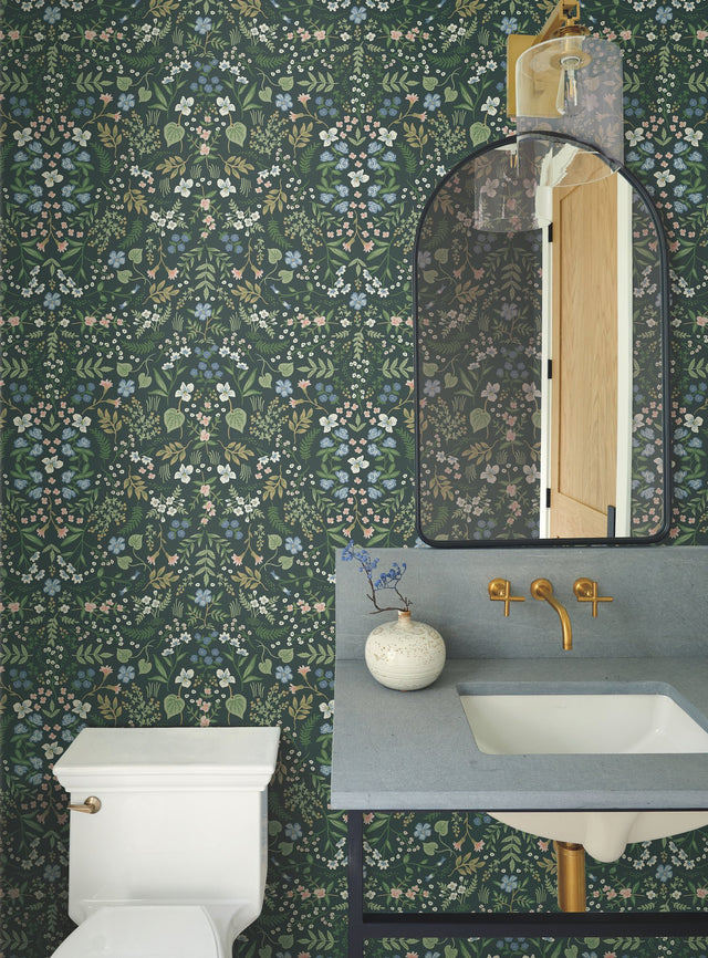 Wildwood Hunter Green Wallpaper with Botanical Floral Pattern, Matte Non-Woven Style - York RI5156
