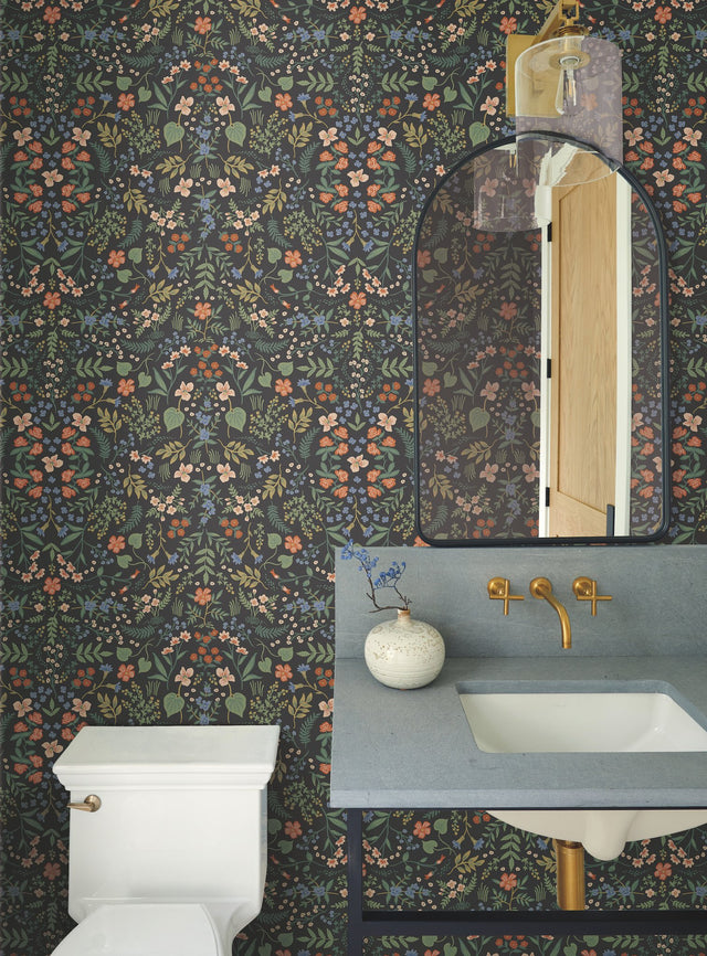 Wildwood Black Wallpaper with Botanical Floral Pattern - York RI5158