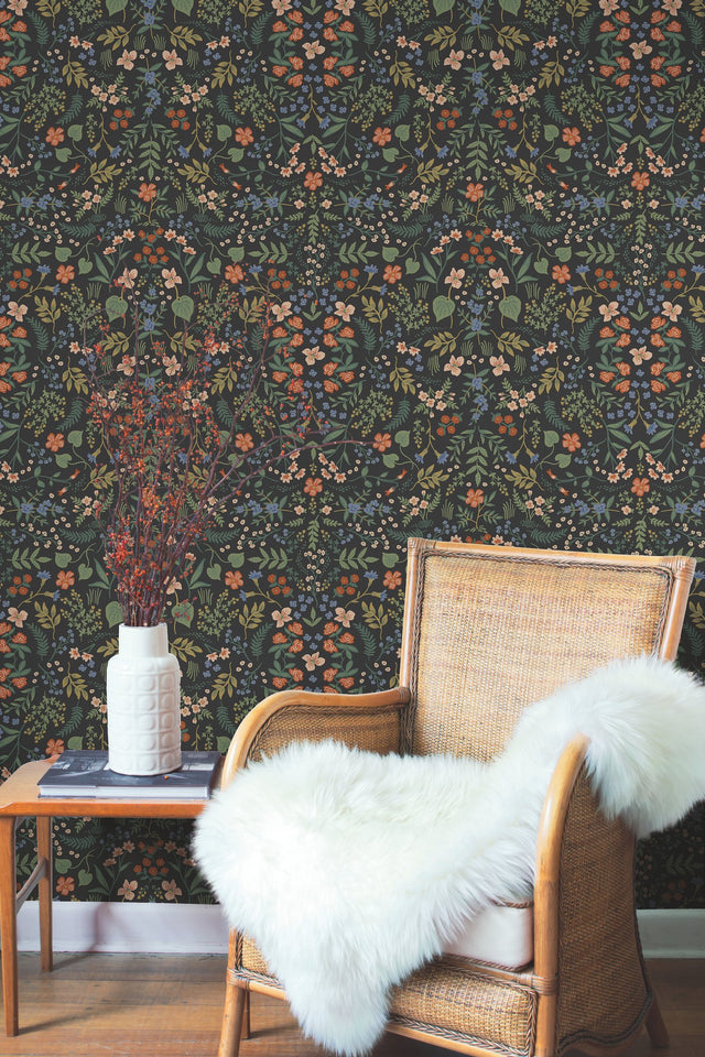 Wildwood Black Wallpaper with Botanical Floral Pattern - York RI5158