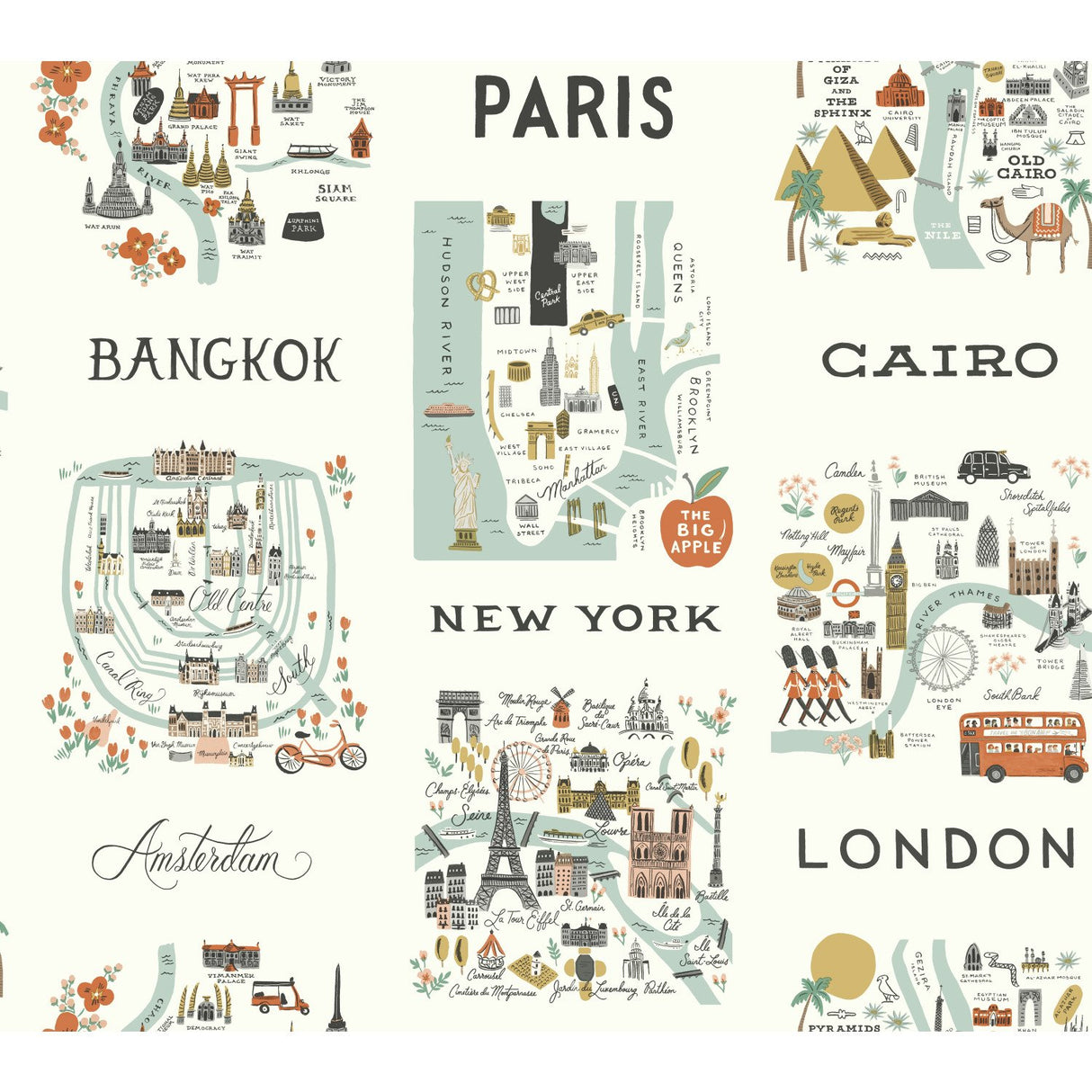 City Maps Mint Metallic Wallpaper with Illustrated World City Motif - York RI5160