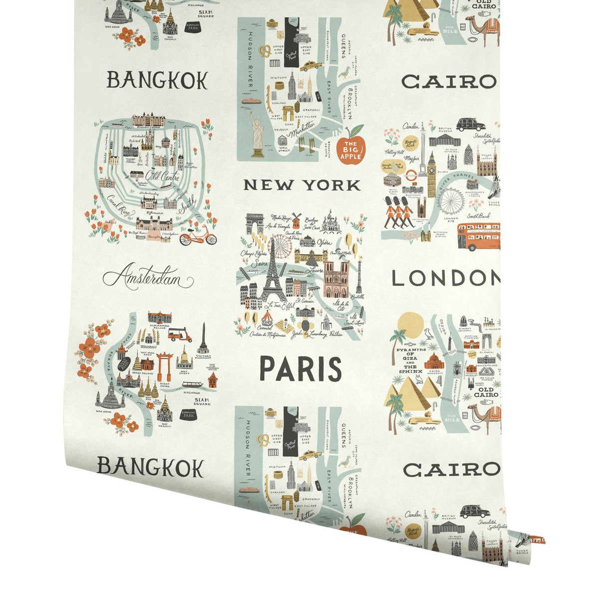 City Maps Mint Metallic Wallpaper with Illustrated World City Motif - York RI5160