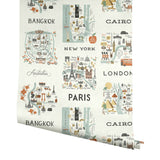 City Maps Mint Metallic Wallpaper with Illustrated World City Motif - York RI5160