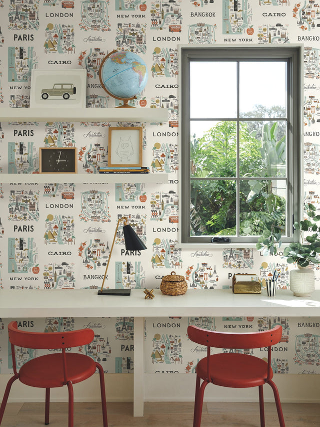 City Maps Mint Metallic Wallpaper with Illustrated World City Motif - York RI5160
