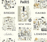 City Maps Grey & Gold Wallpaper with Illustrated World City Map Motif - York RI5161