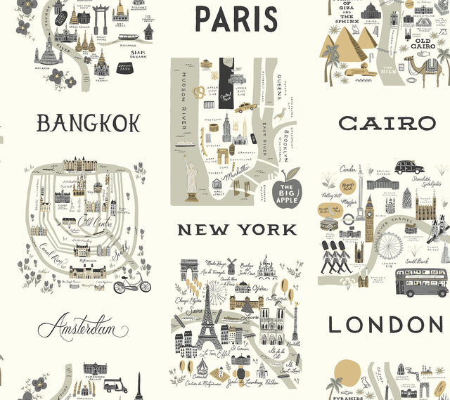 City Maps Grey & Gold Wallpaper with Illustrated World City Map Motif - York RI5161