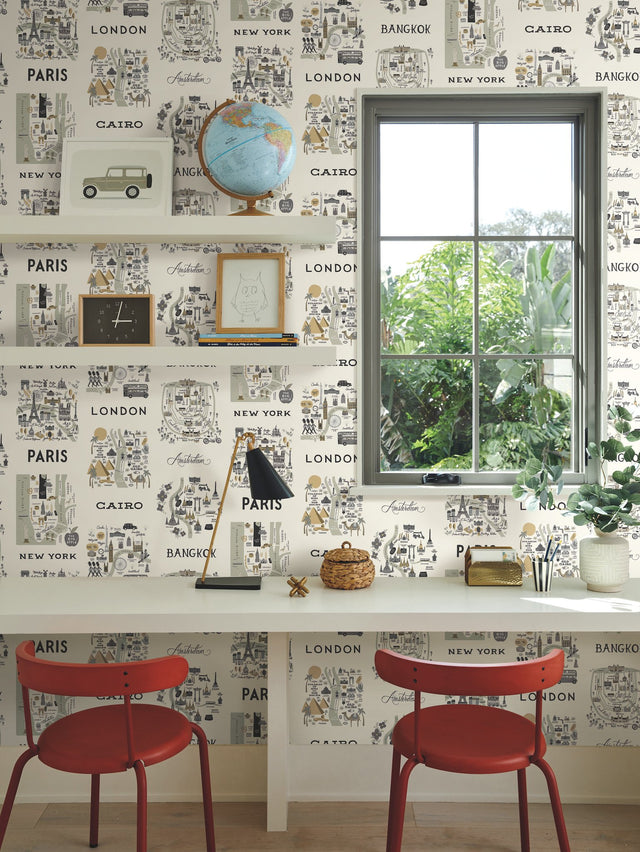City Maps Grey & Gold Wallpaper with Illustrated World City Map Motif - York RI5161