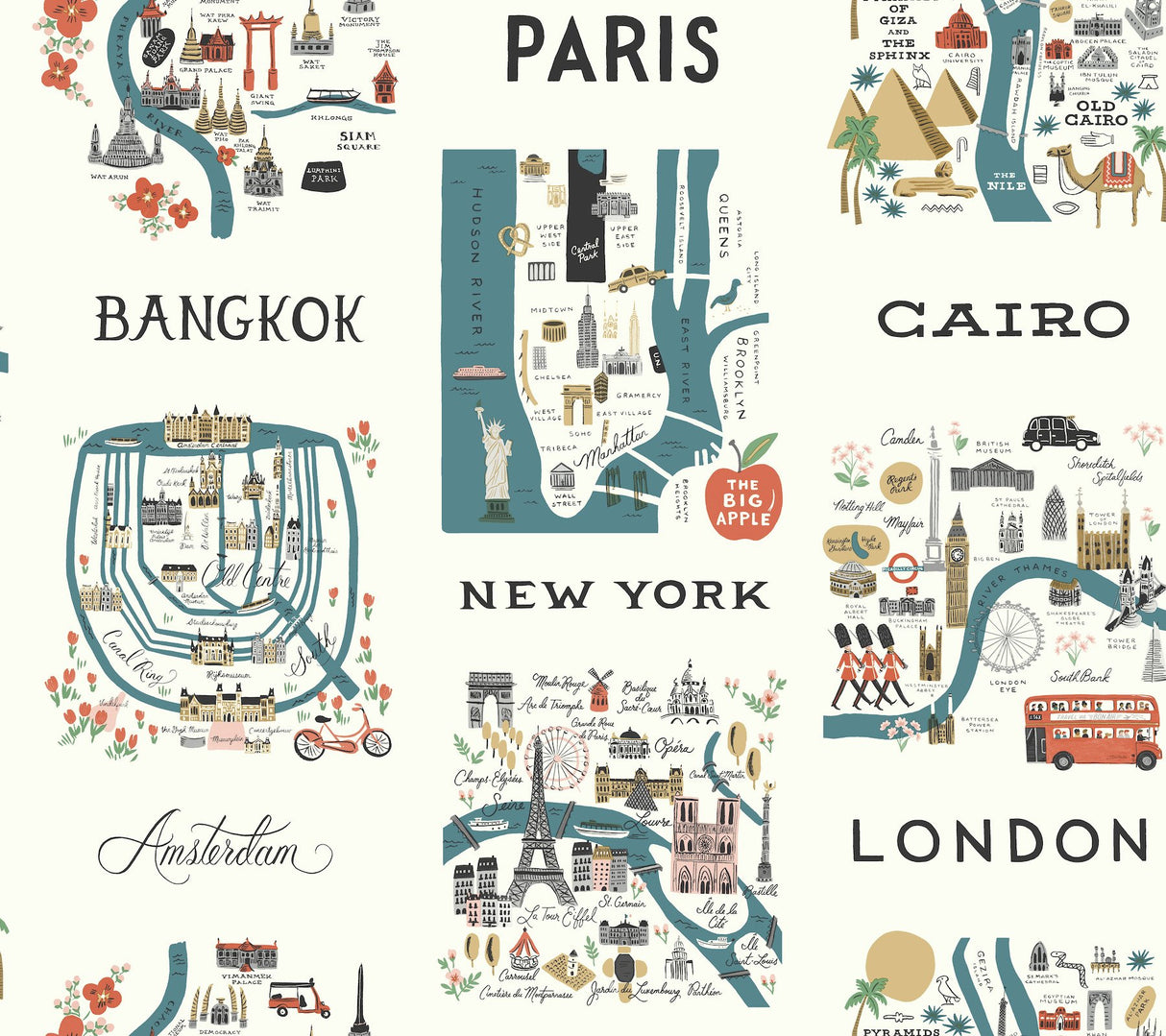 City Maps Blue & Red Wallpaper with Illustrated World City Motif - York RI5162