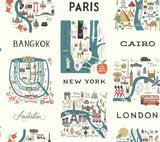 City Maps Blue & Red Wallpaper with Illustrated World City Motif - York RI5162
