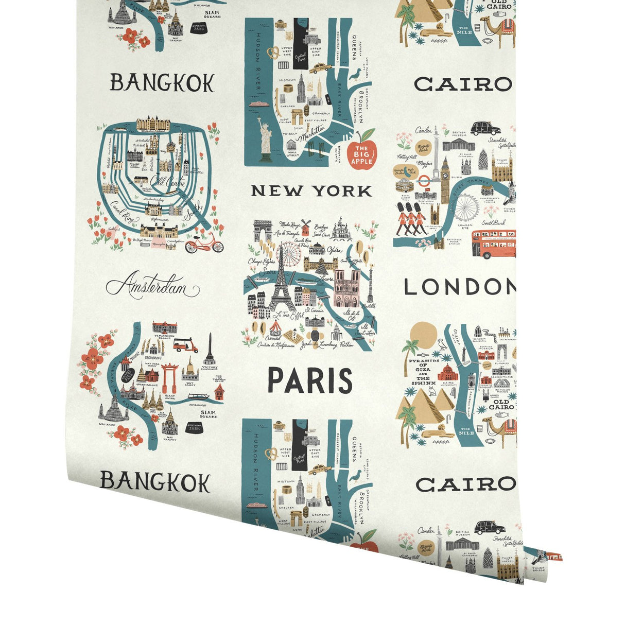 City Maps Blue & Red Wallpaper with Illustrated World City Motif - York RI5162